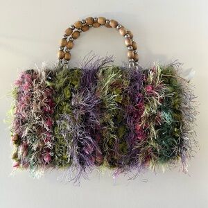 Multicolor Textured Handbag with Wooden Handle